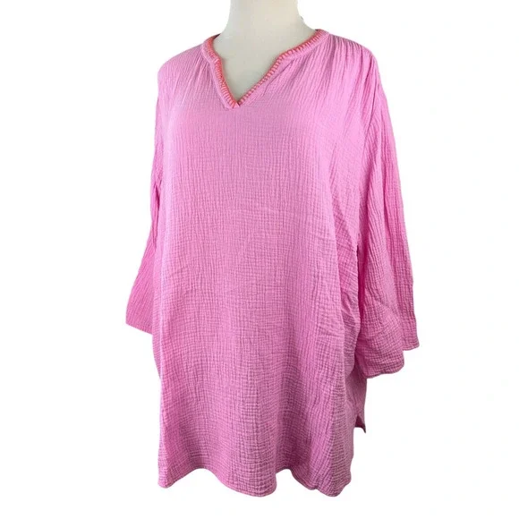 Belle Beach by Kim Gravel Cotton Gauze Color Crush Whipstitch Top Plus Size 4X - Picture 11 of 11